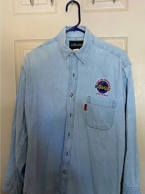 Light Blue Denim Button-Down Shirt with Las Vegas Embroidered Patch